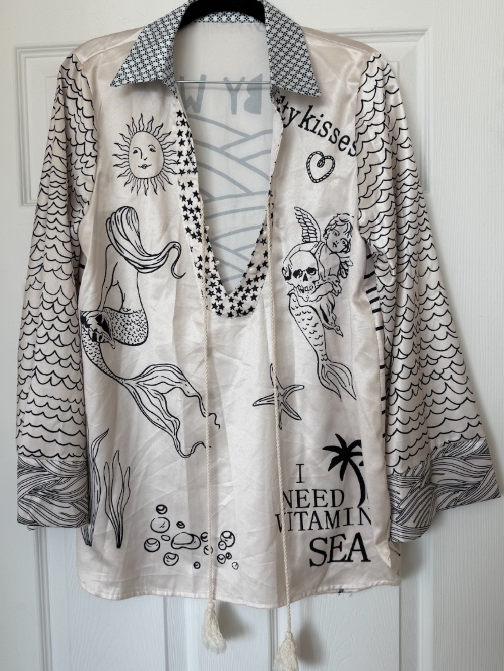 Beach Graphic Satin Lounge Set | Coastal Print Button-Up Shirt & Shorts | Vacati - Picture 7 of 10